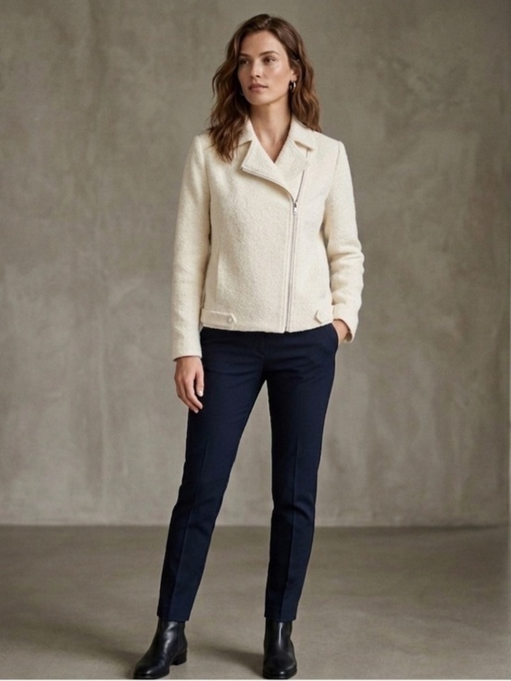 H&M Women’s US 4 Cream Cotton Tweed Zip Moto Biker Jacket Blazer Career EUR 34 S